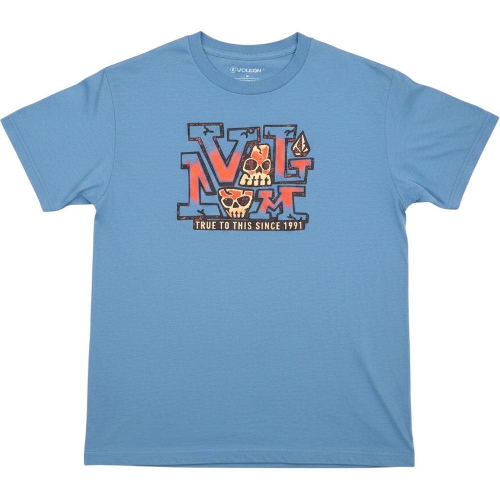 Volcom Boys Graphic T-Shirt Blue Skulls‎ True To This Since 1991 Size Large L